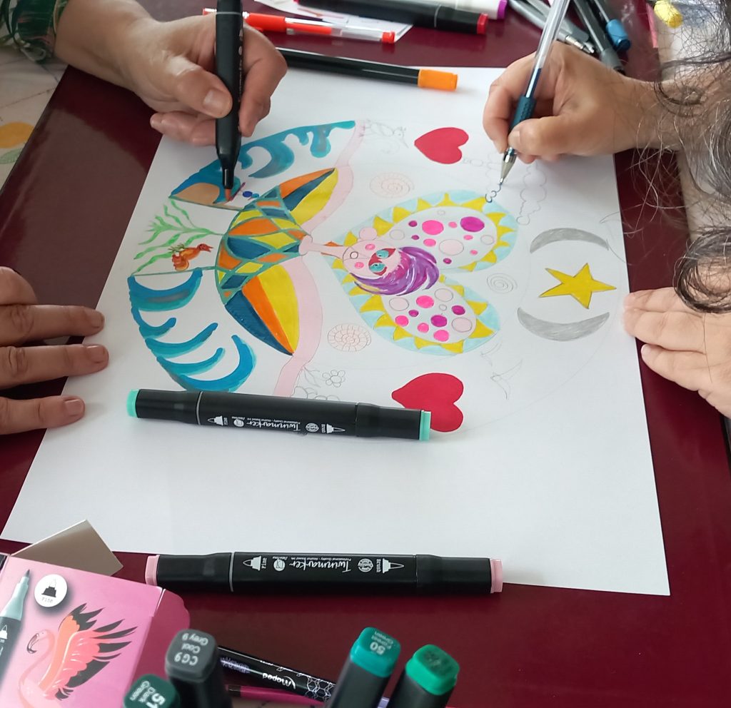 dessin coloré mandala fait en binôme